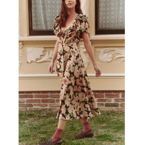 NWT THE GREAT. Midi Floral Ruffle Silk The Parish Dress - Picture 4 of 7